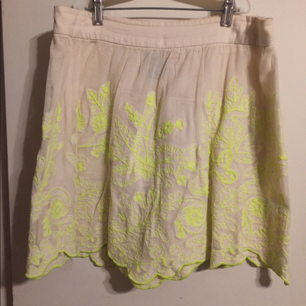 Anthropologie neon yellow lace skirt